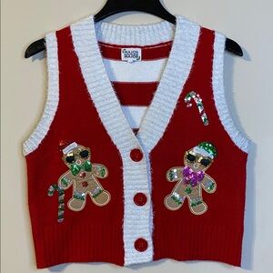 Major Label Group Holiday Red and White Vest with Gingerbread Design Size M